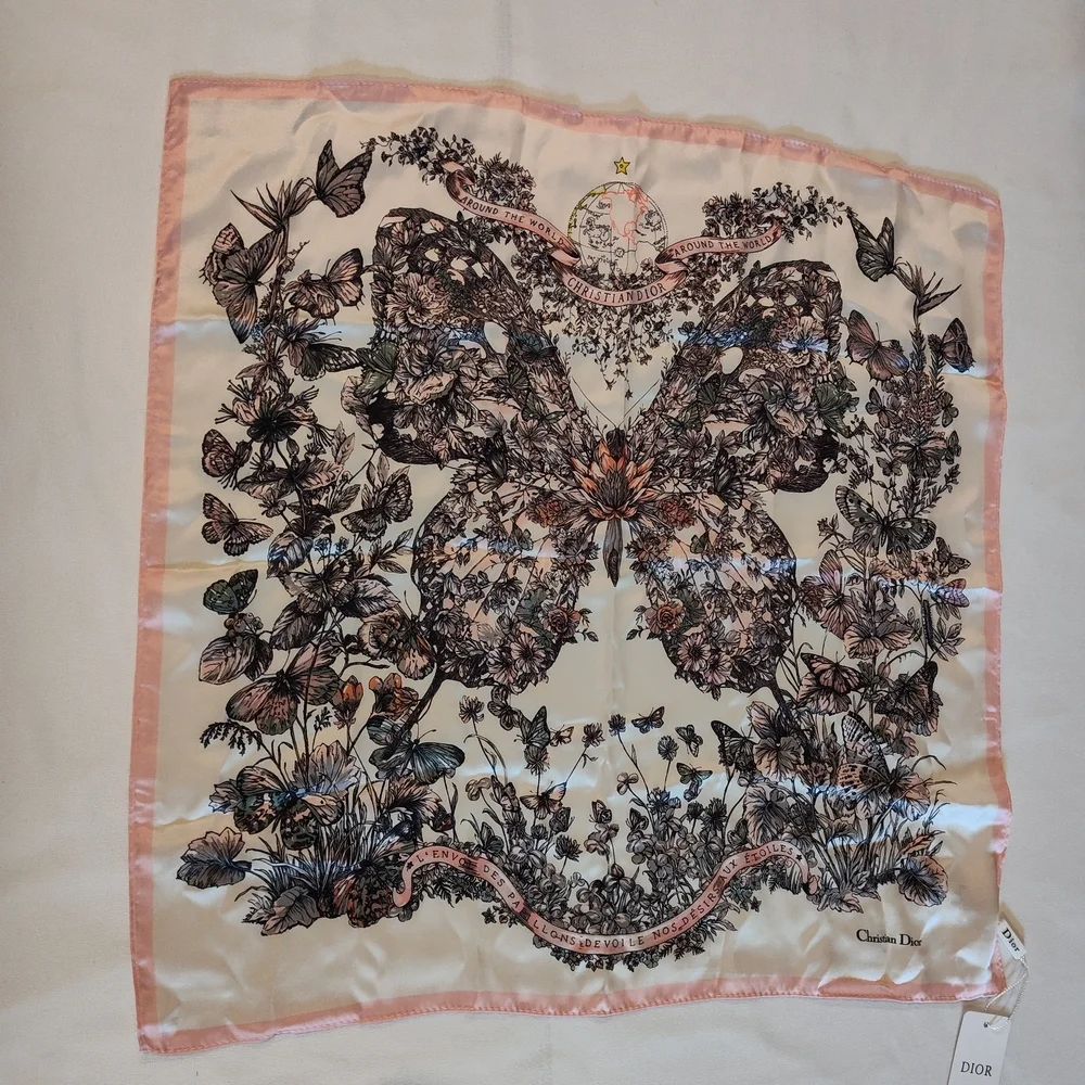 Christian Dior Silk Scarf Pink Butterfly Floral Around the World Italy GWP NWT
